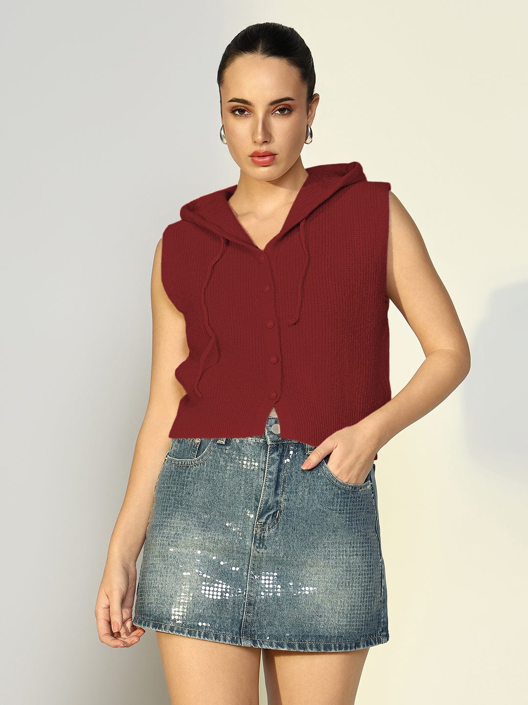 Women's Ribbed Red Hooded Short Top with Buttons
