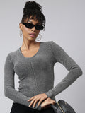 Women's Grey Long Sleeves Round Neck Embellished Studded Top
