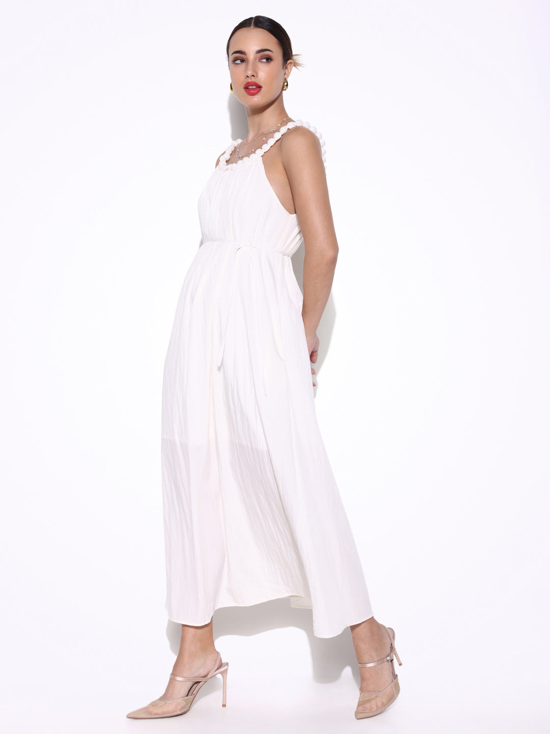 Women's Off White Beaded Neck Slip On Maxi Dress with Waist Tie