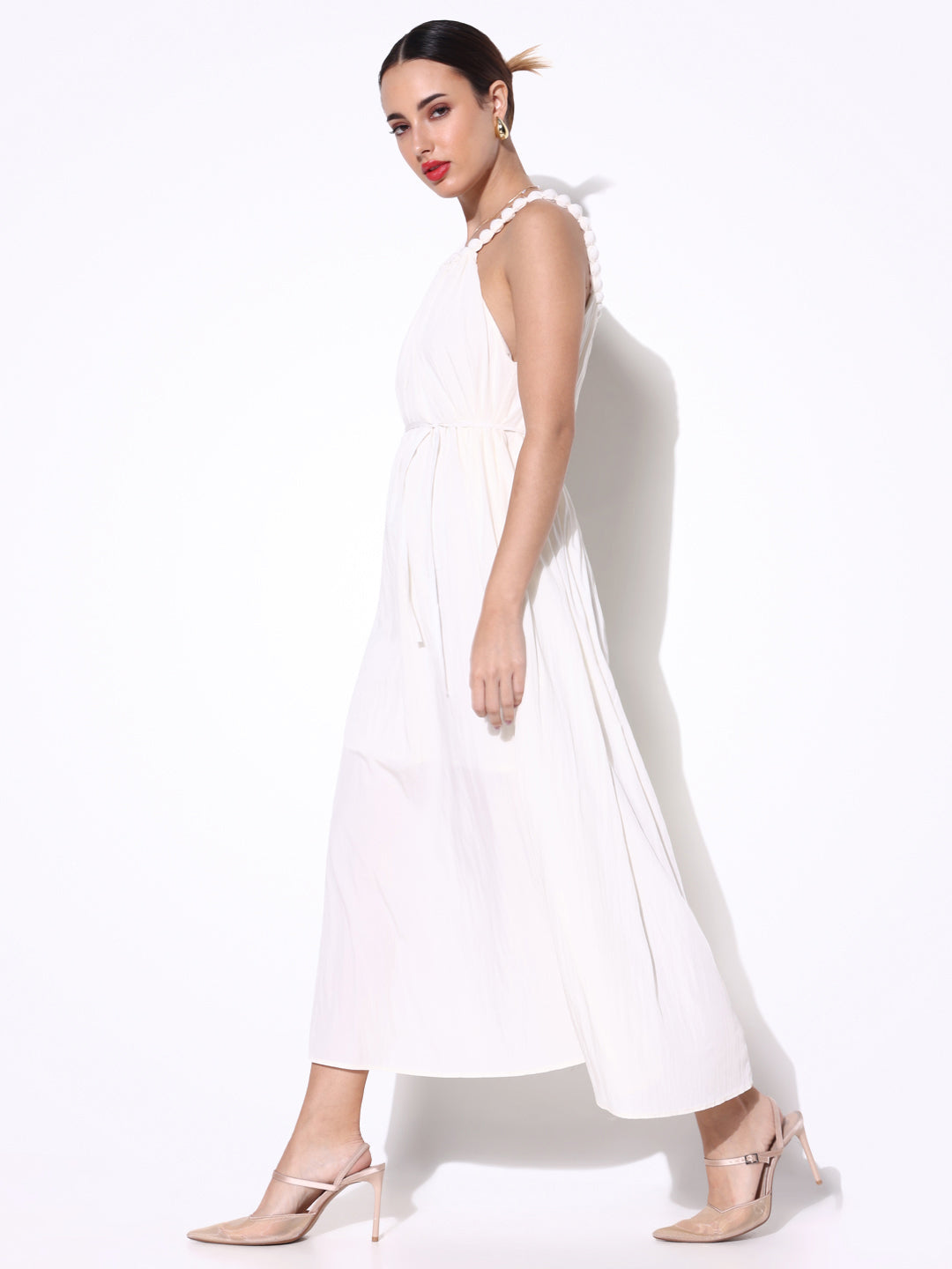Women's Off White Beaded Neck Slip On Maxi Dress with Waist Tie