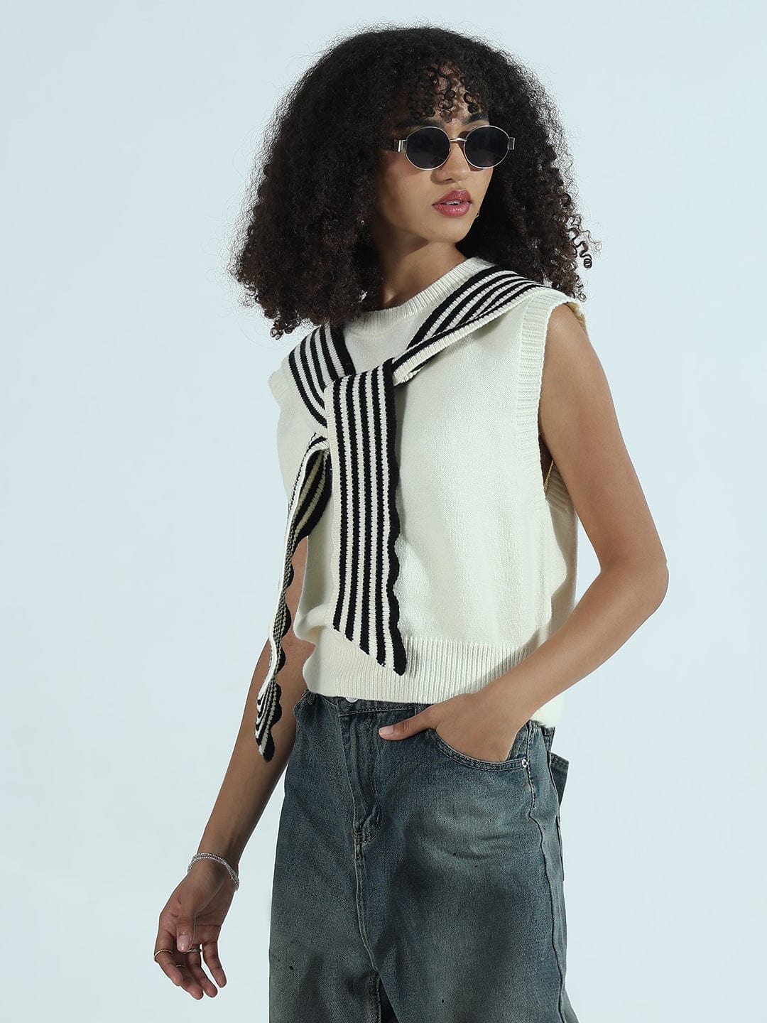 Women's Cream Sleeveless Knit Sweater Vest Top with Striped Tie-Up Detail