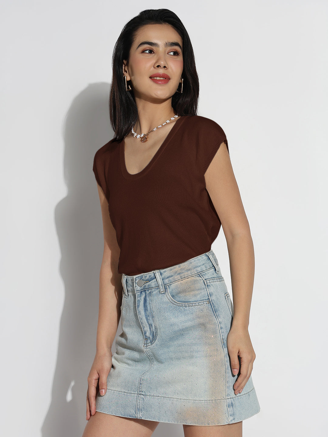 Women's Casual Solid Brown Round Neck Top