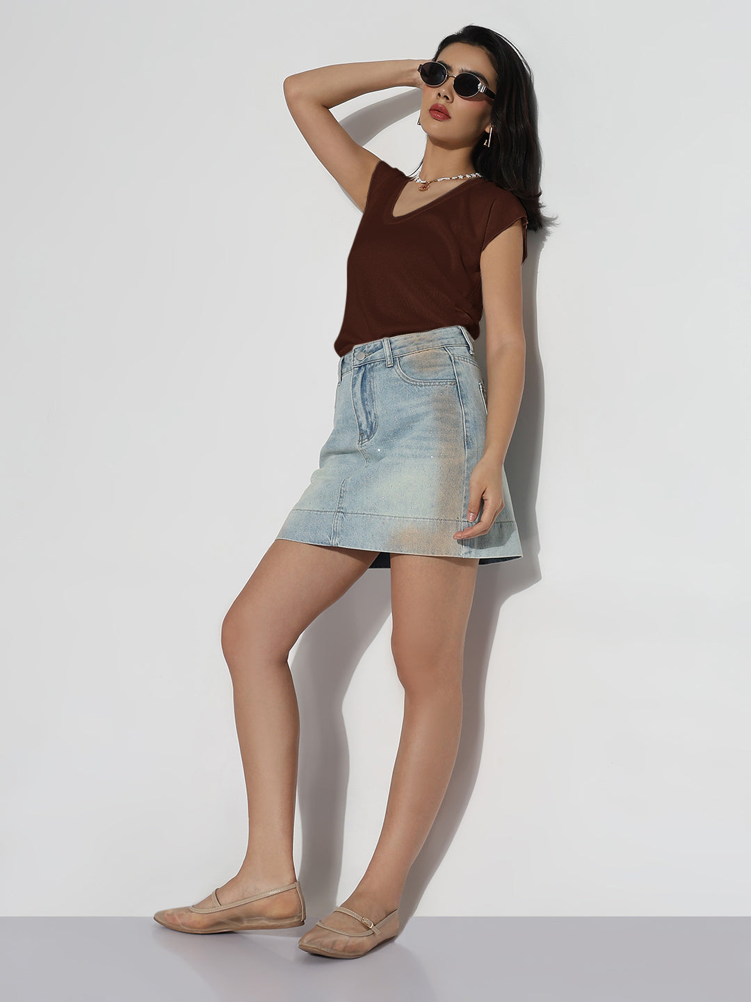 Women's Casual Solid Brown Round Neck Top