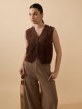 Women's Textured Brown Fuzzy V-Neck Vest Top with Buttons