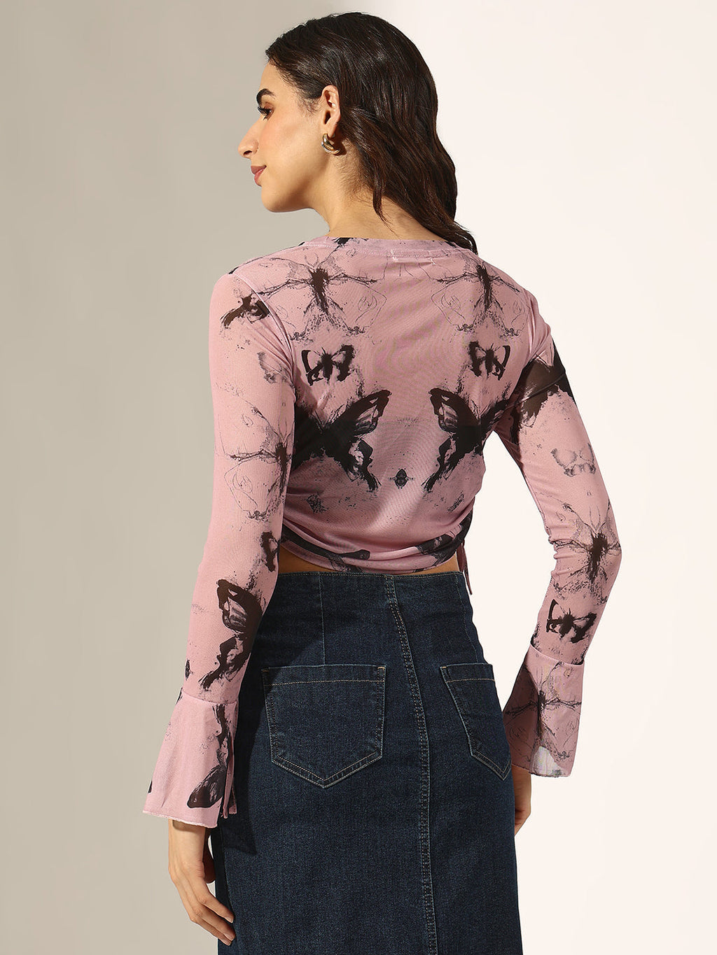 Women's Pink and Black Tie & Dye Ruched Mesh Crop Top