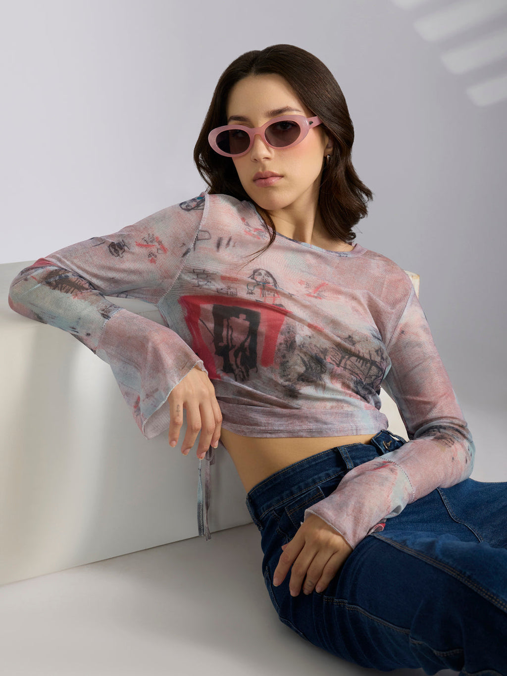 Women's Graphic Pink Fitted Ruched Mesh Top