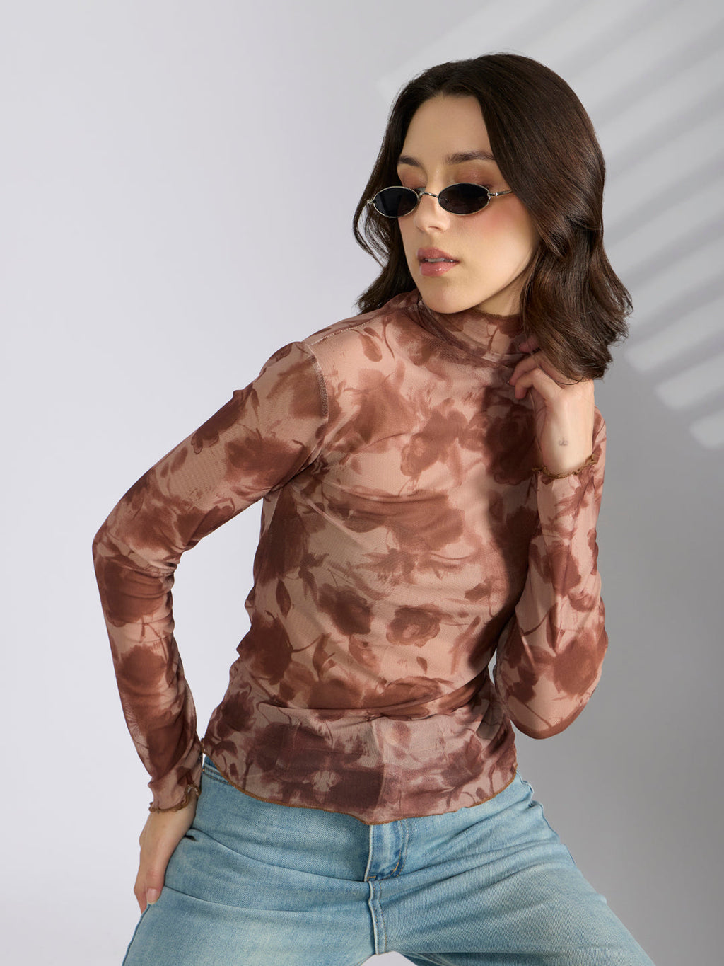 Women's Tie & Dye Brown High Neck Mesh Top
