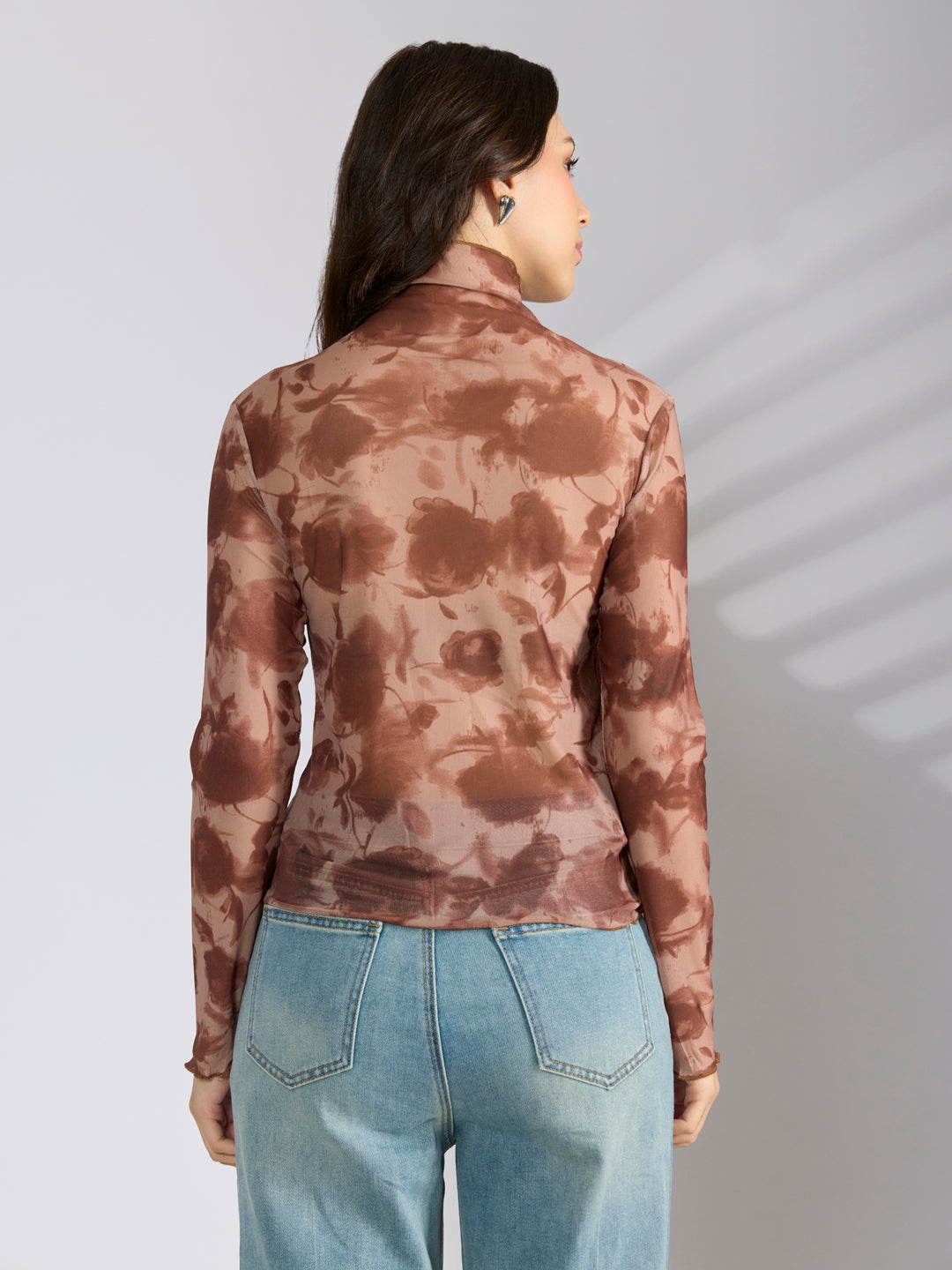 Women's Tie & Dye Brown High Neck Mesh Top