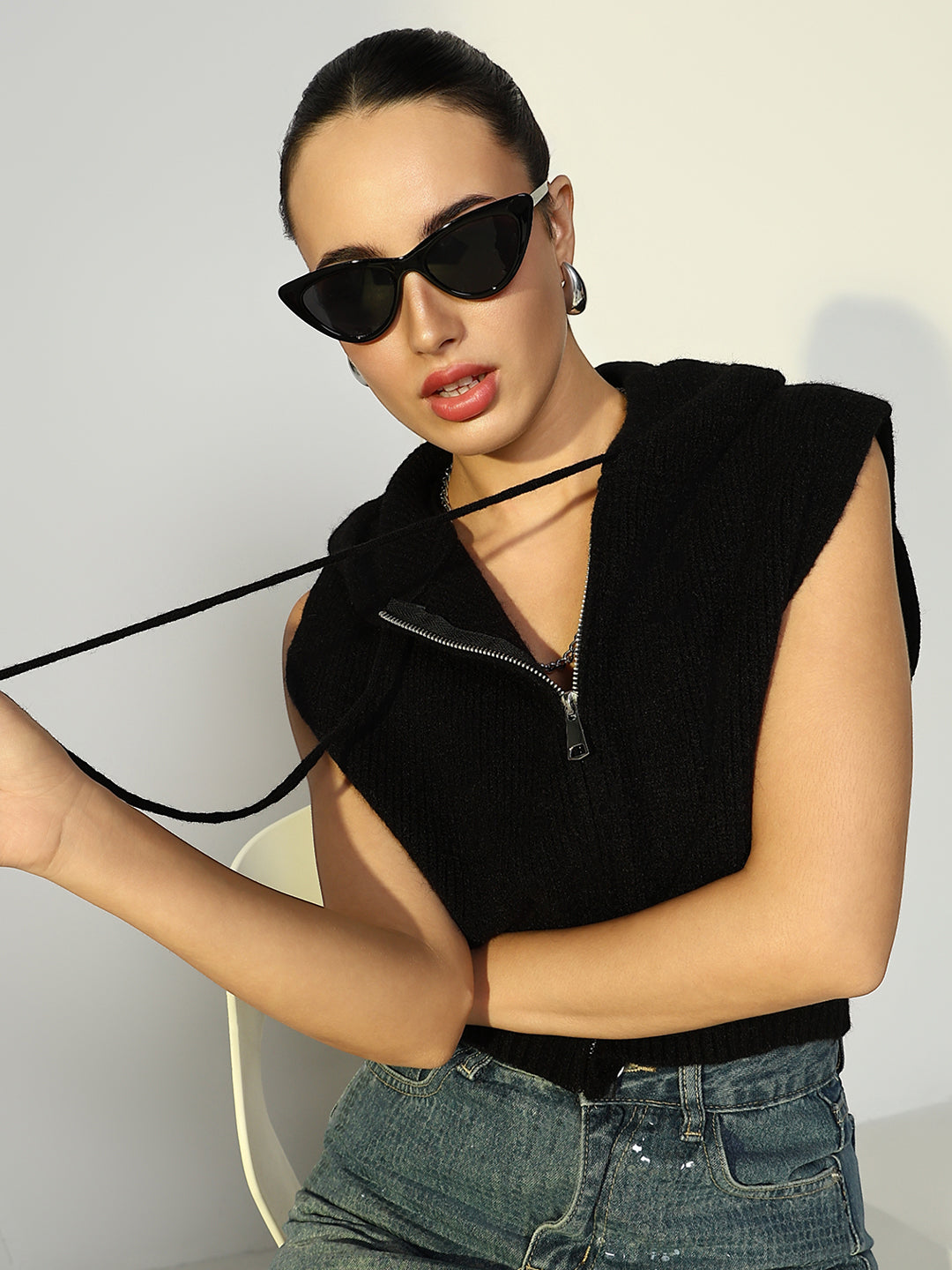 Women's Ribbed Black Hooded Top with Zip