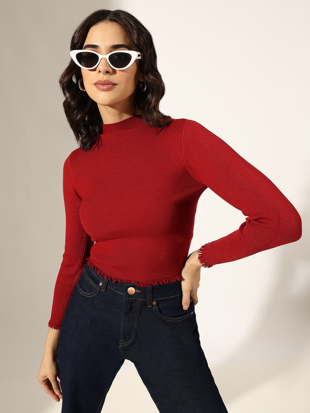 Women's Ribbed Red Mock Neck Top with Frayed Hem