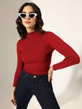 Women's Ribbed Red Mock Neck Top with Frayed Hem
