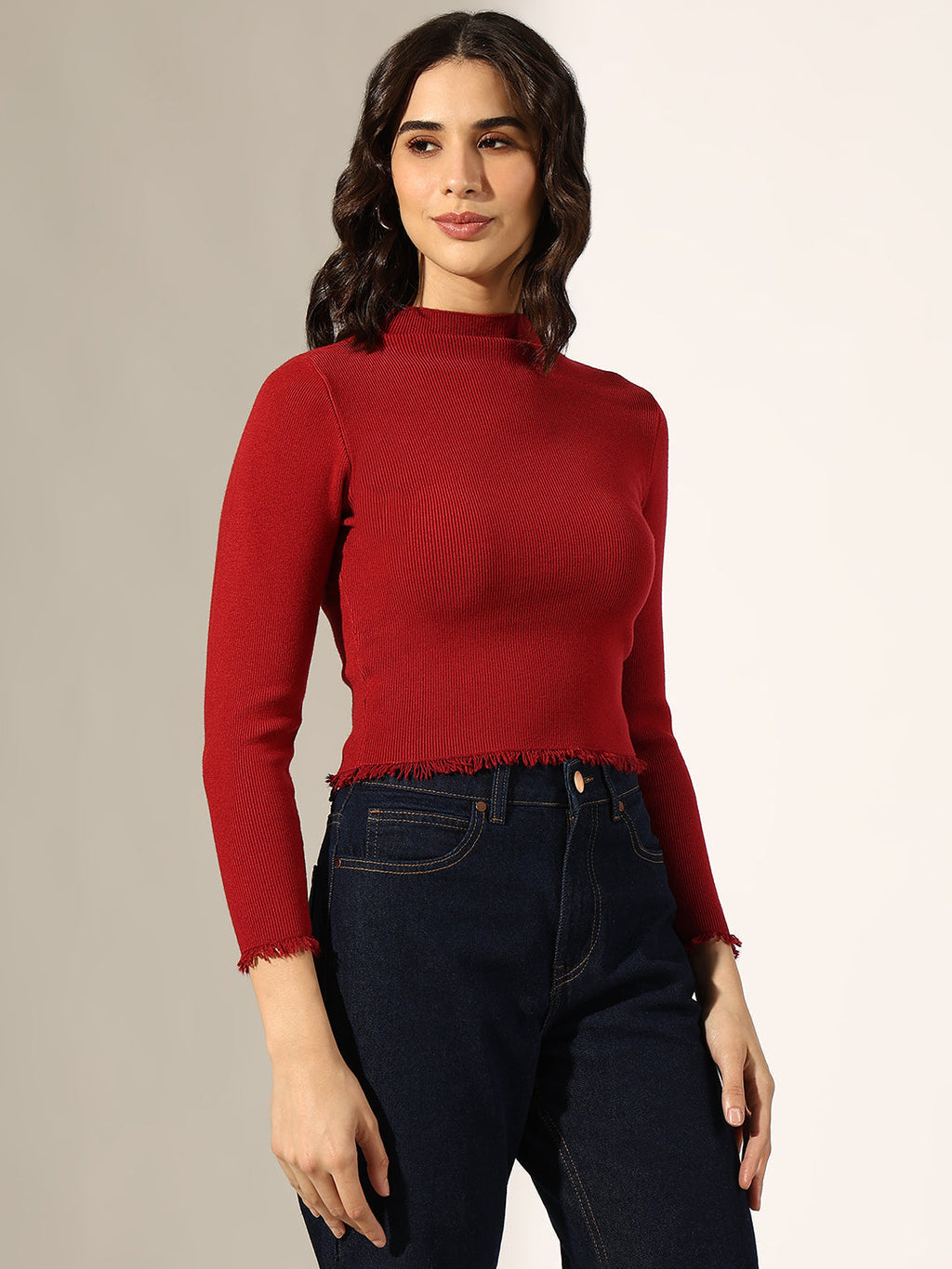 Women's Ribbed Red Mock Neck Top with Frayed Hem