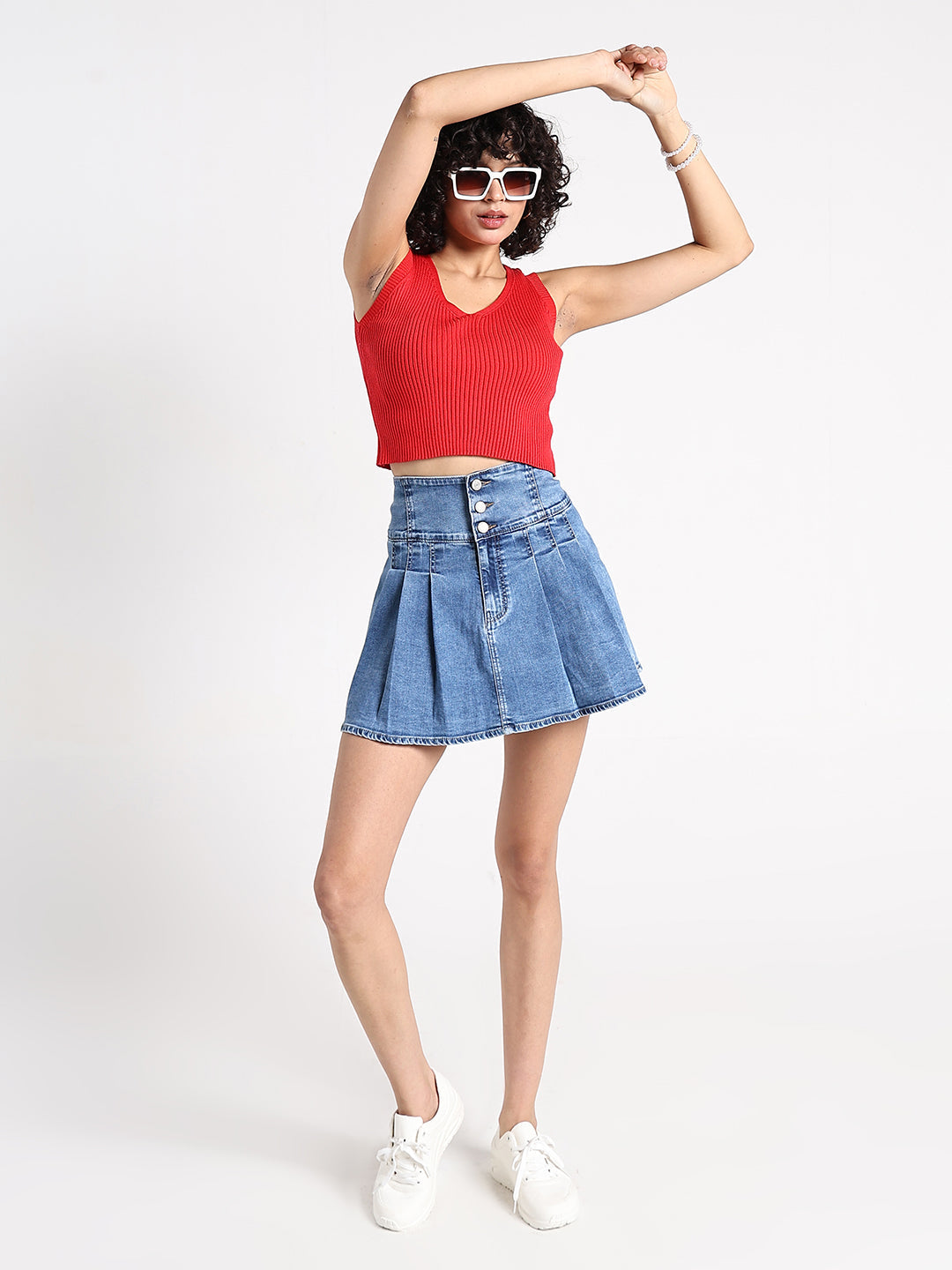 Women's Red Ribbed V-Neck Sleeveless Crop Top