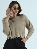 Women's Beige Distressed Sweater Top with Neck Chain