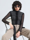 Women's Embellished Black Sheer Ruffle Mesh Top