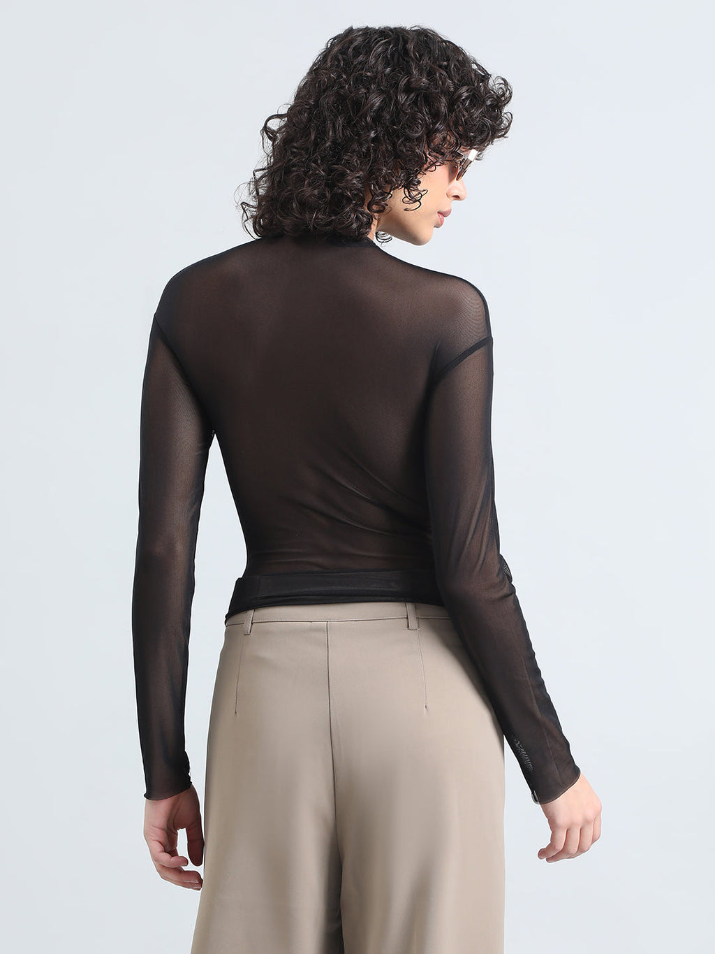 Women's Embellished Black Sheer Ruffle Mesh Top