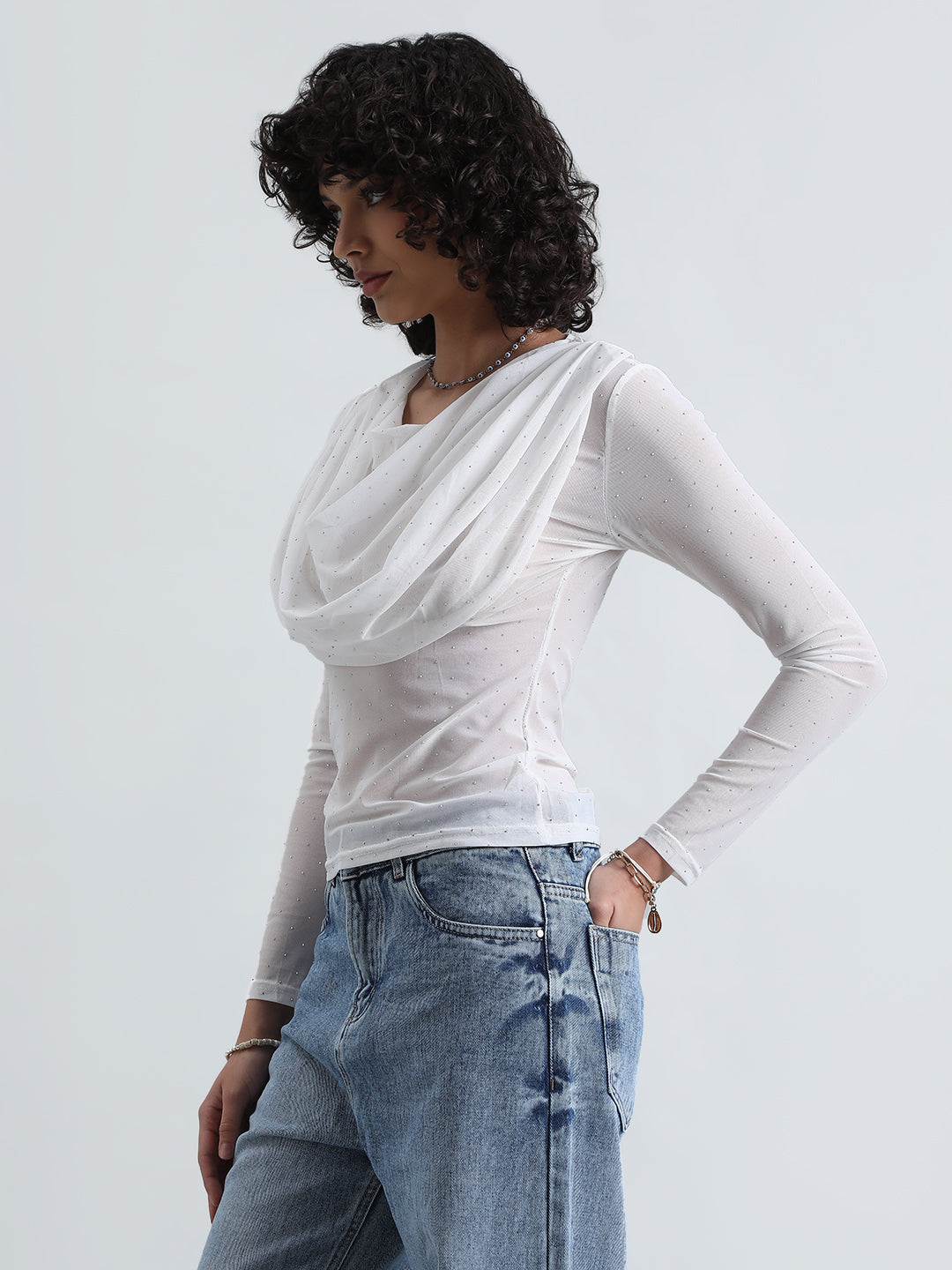 Women's White Sheer Draped Neck Mesh Full Sleeve Top