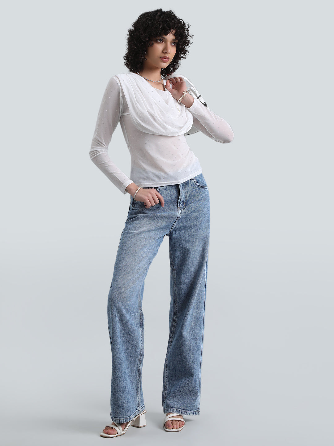 Women's White Sheer Draped Neck Mesh Full Sleeve Top