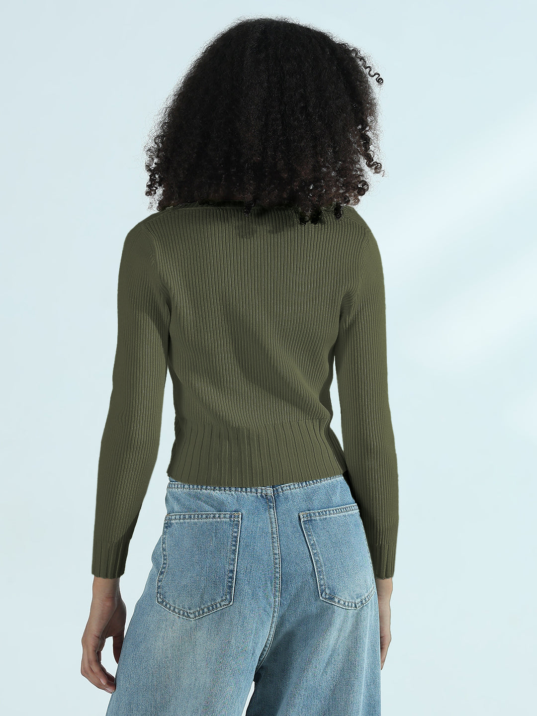 Women's Ribbed Green Round Neck Fitted Top