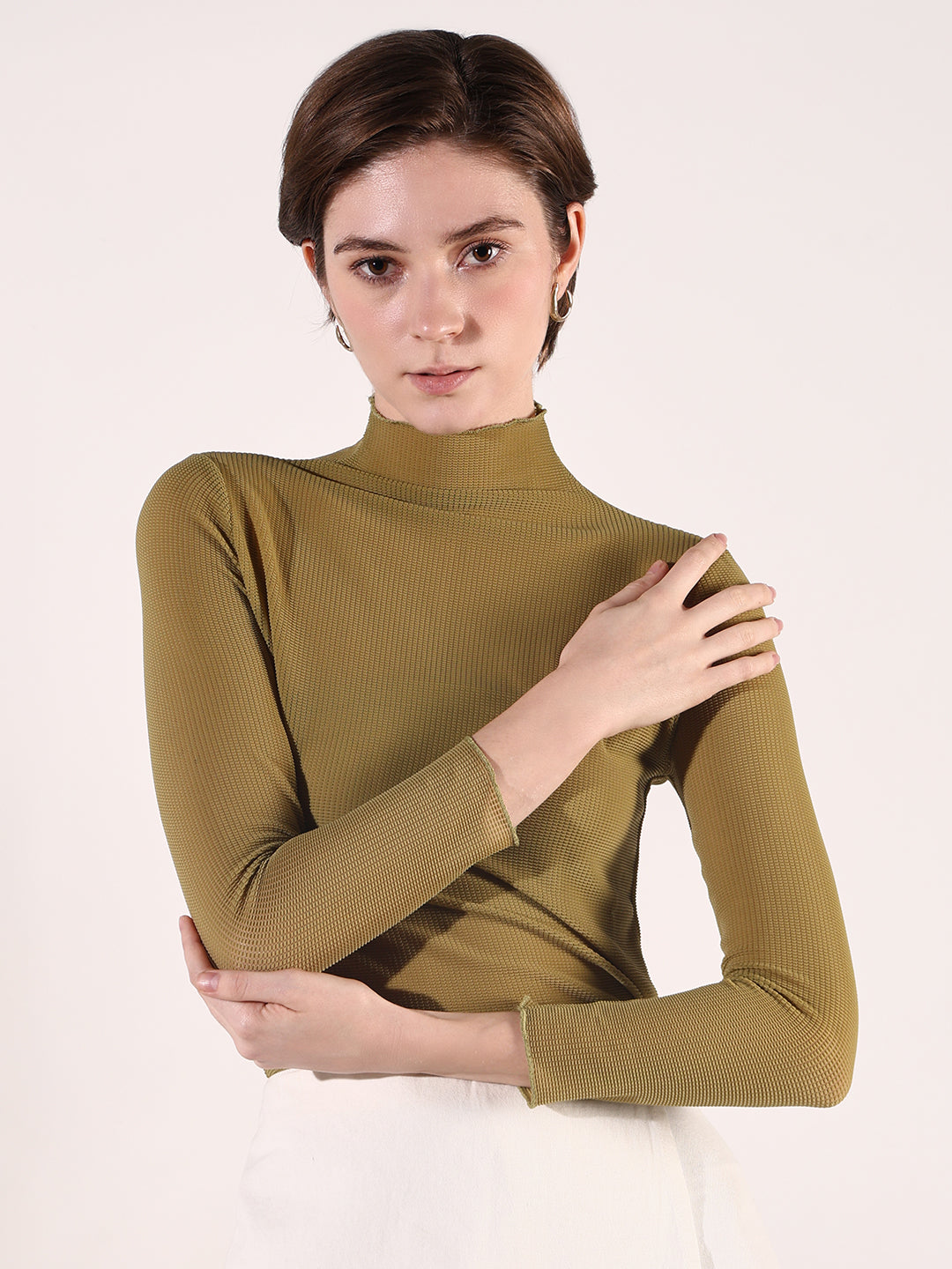 Women's Olive High Neck Long Sleeves Top