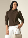 Women's Olive Puff-Sleeve Mock-Neck Top with Pearl-Embellished Detail