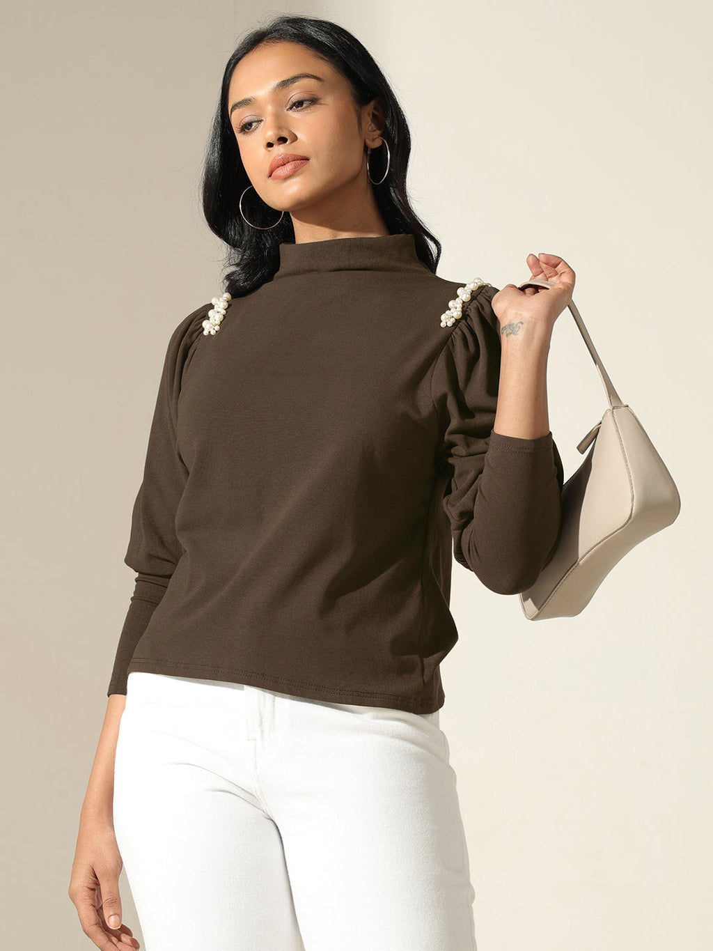 Women's Olive Puff-Sleeve Mock-Neck Top with Pearl-Embellished Detail