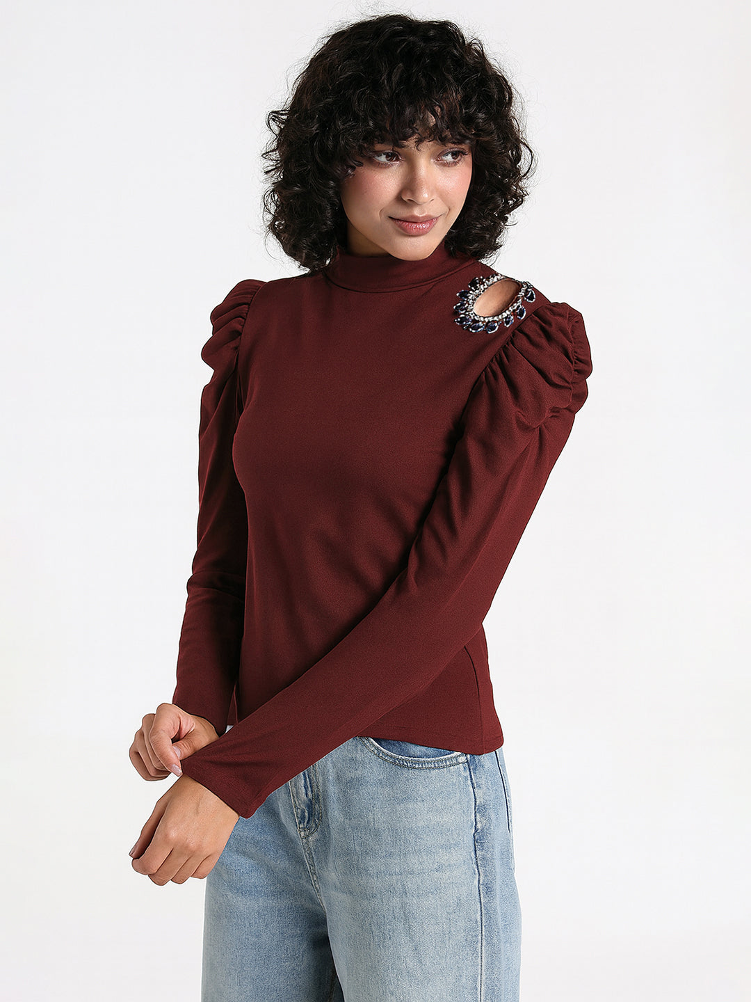 Women's Maroon Embellished High Neck Cut-Out Puff Sleeve Top