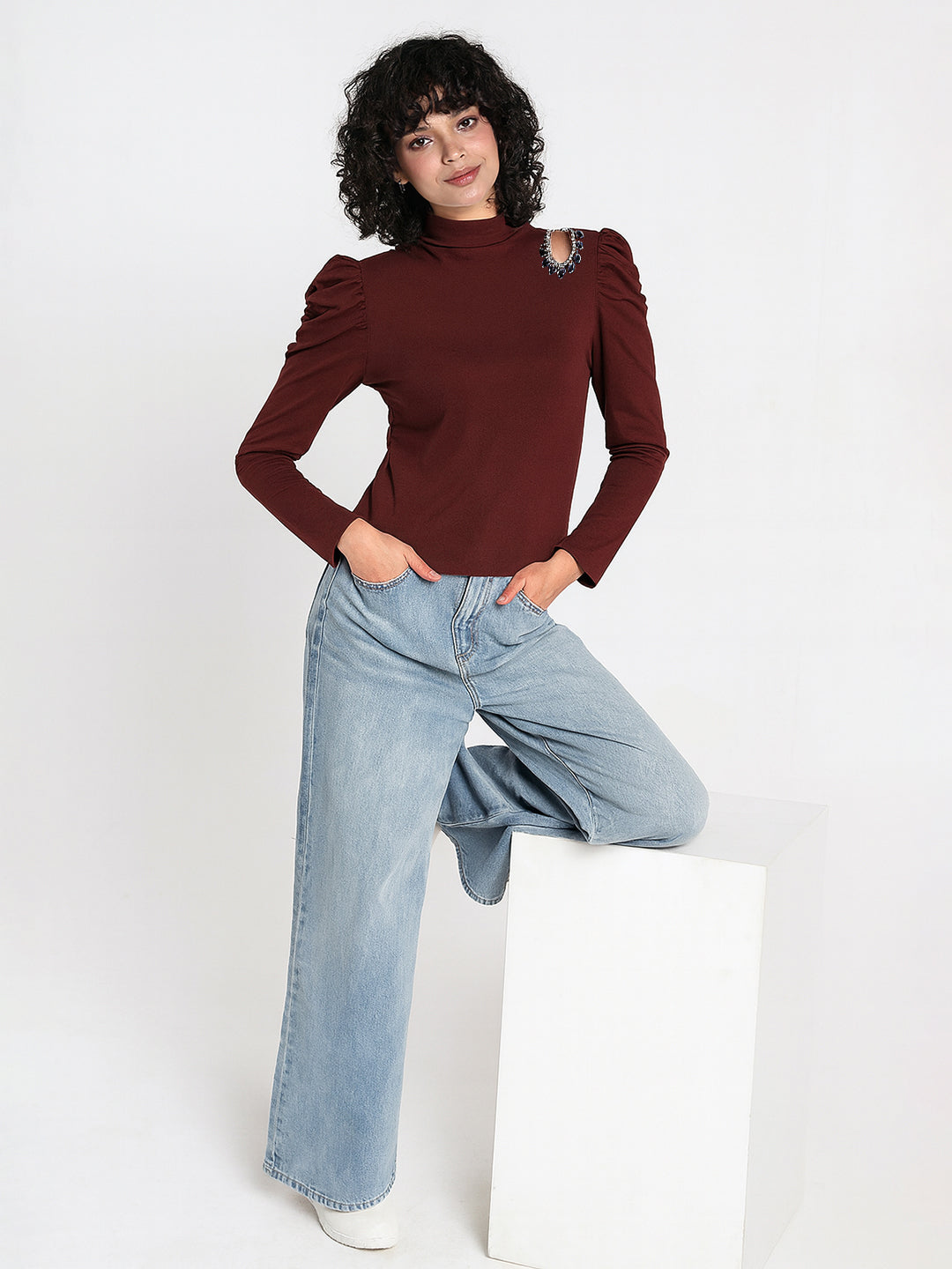 Women's Maroon Embellished High Neck Cut-Out Puff Sleeve Top