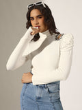 Women's White Puff Sleeve High Neck Top with Embellished Shoulder