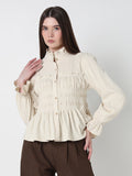 Women's Cream Ruffle Neck Peplum Top