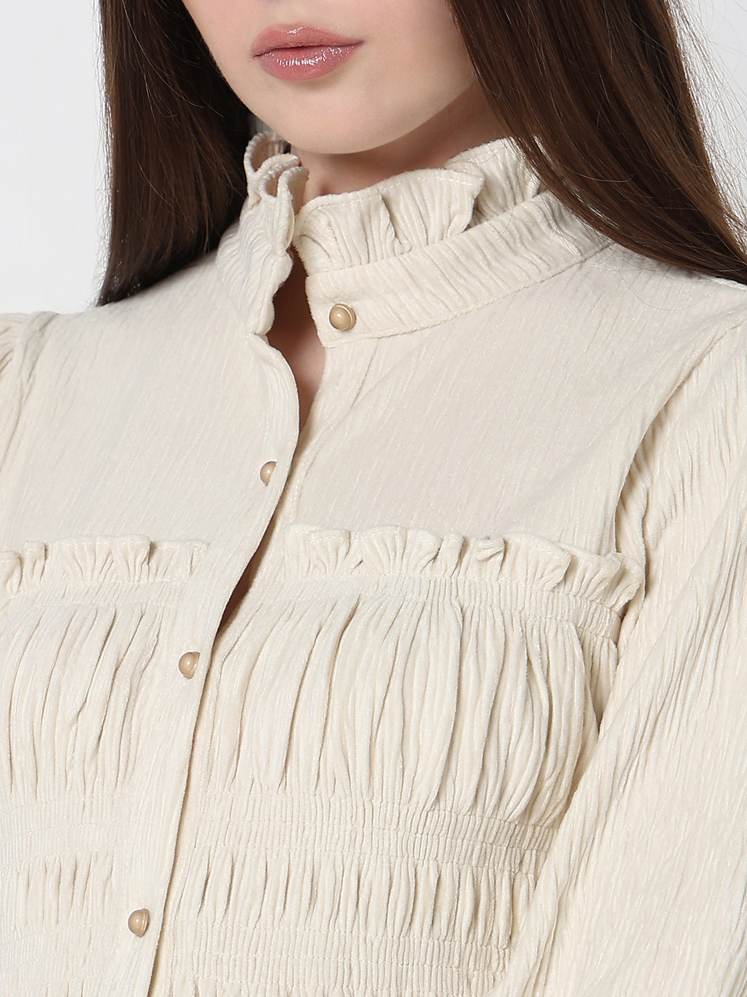 Women's Cream Ruffle Neck Peplum Top