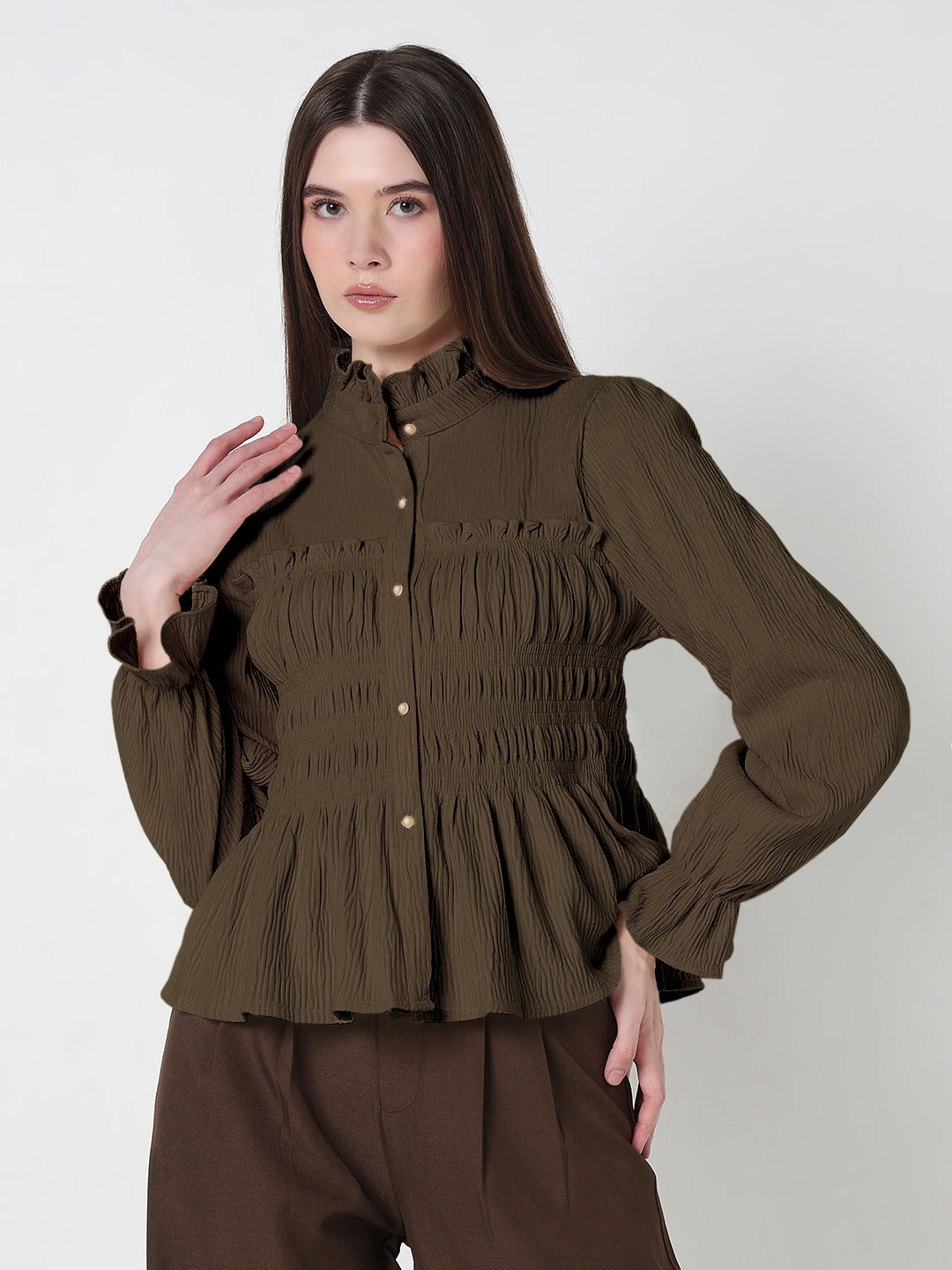 Women's Olive Ruffle Neck Peplum Top
