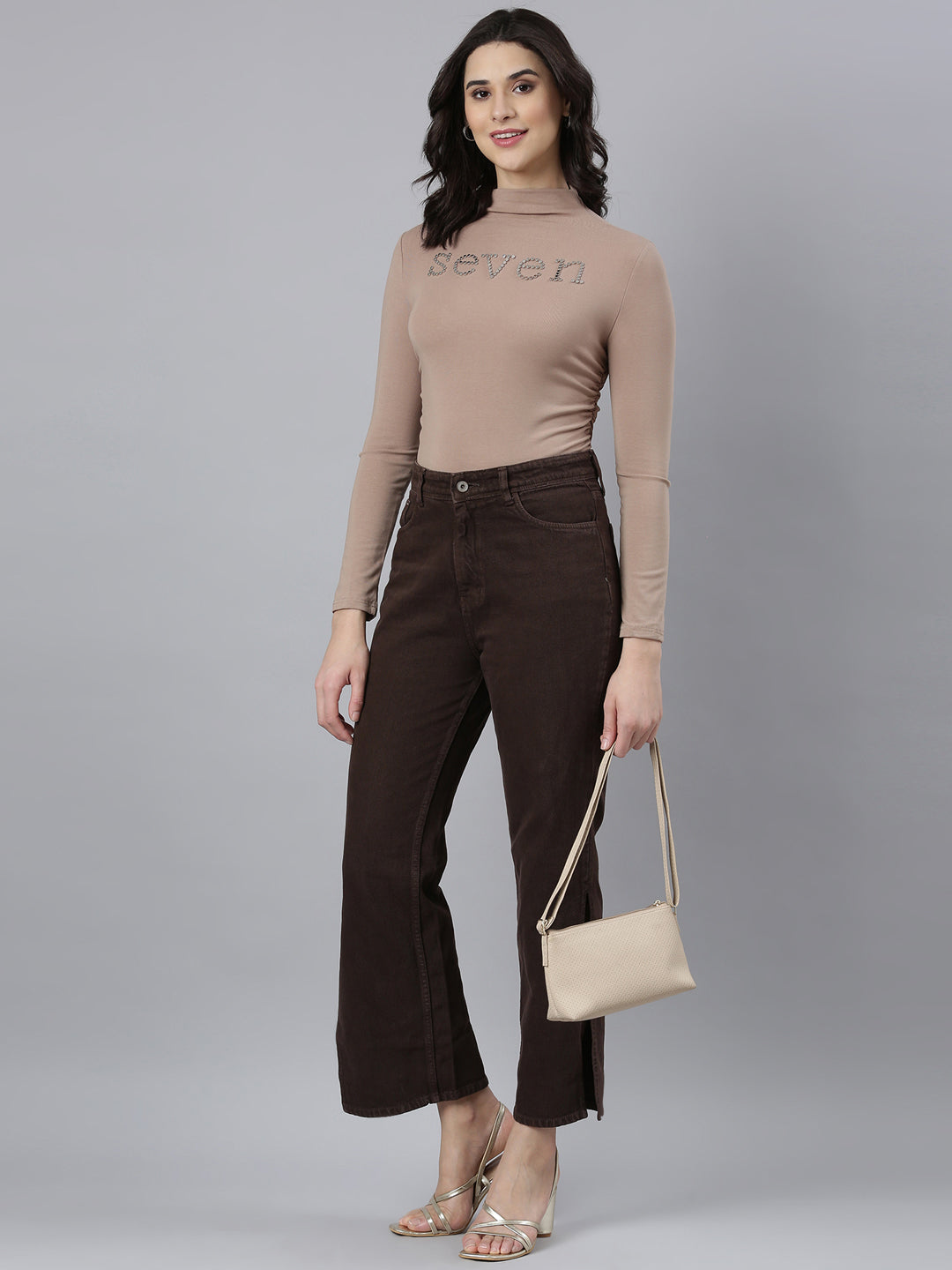 Women's Beige Studded High Neck Top