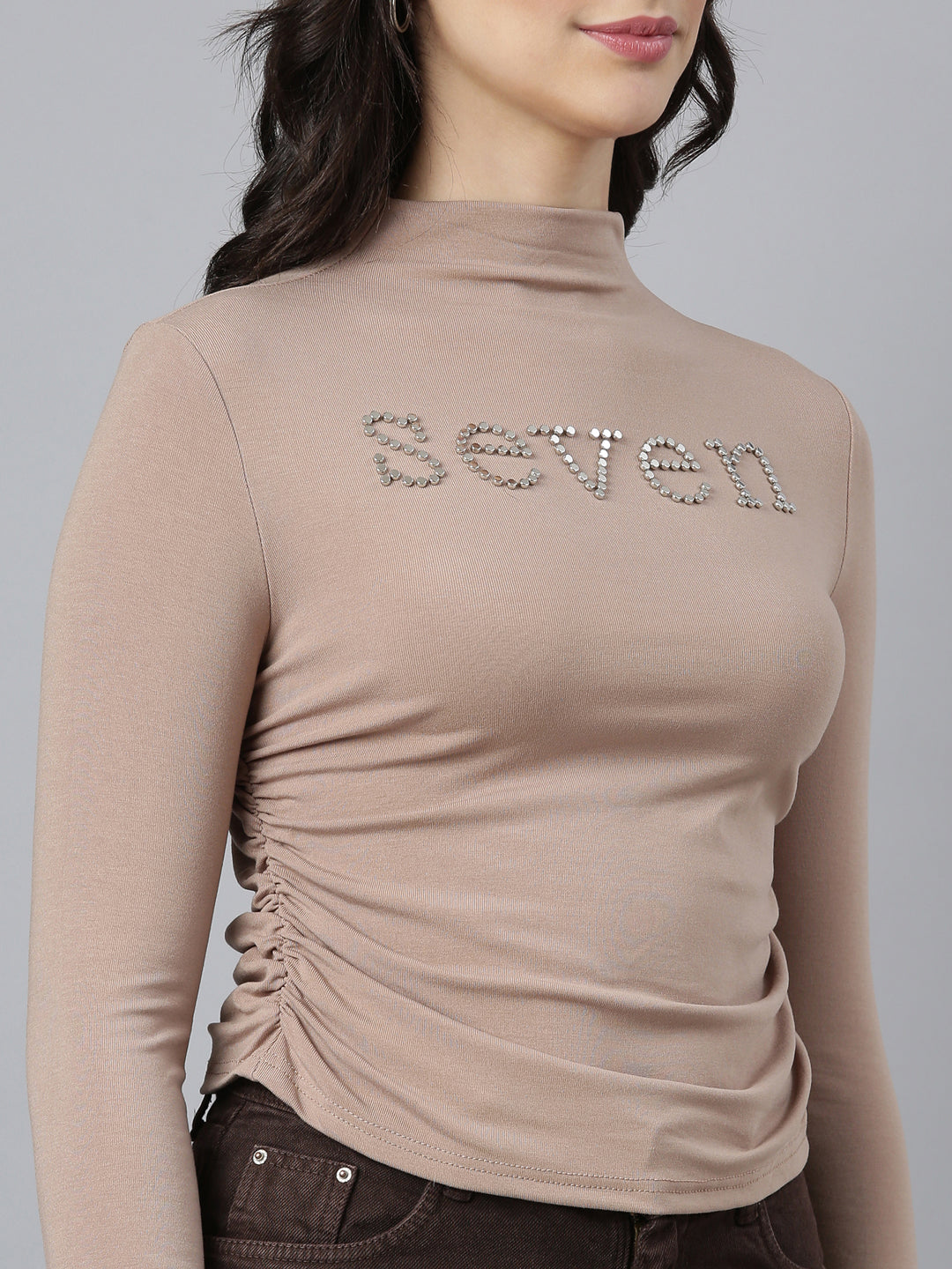 Women's Beige Studded High Neck Top
