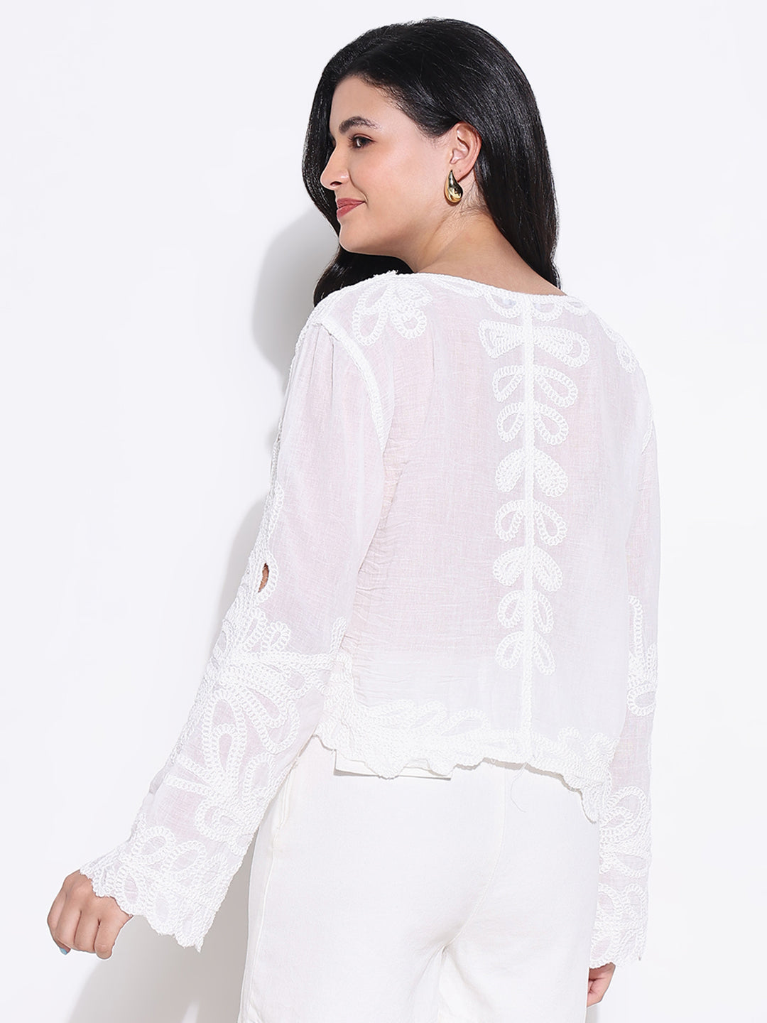 Women's White Floral Embroidered Round Neck Top