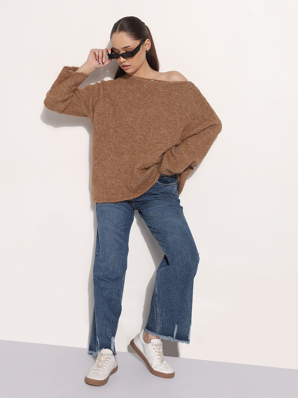 Women's Knitted Brown Oversized Pullover Top