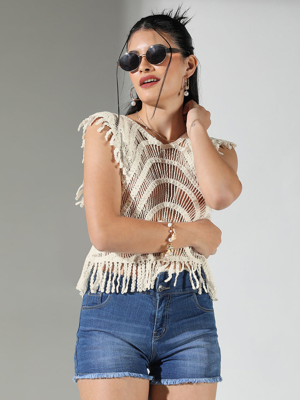 Women's Self Design Cream Round Neck Crochet Crop Top
