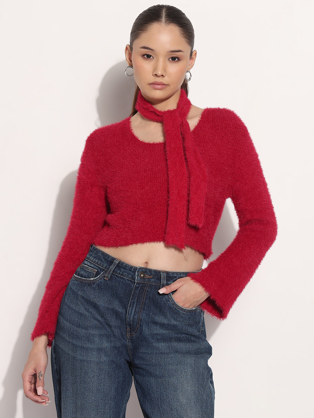 Women's Ribbed Red Fuzzy Knit Crop Top with Tie Up Neck Scarf