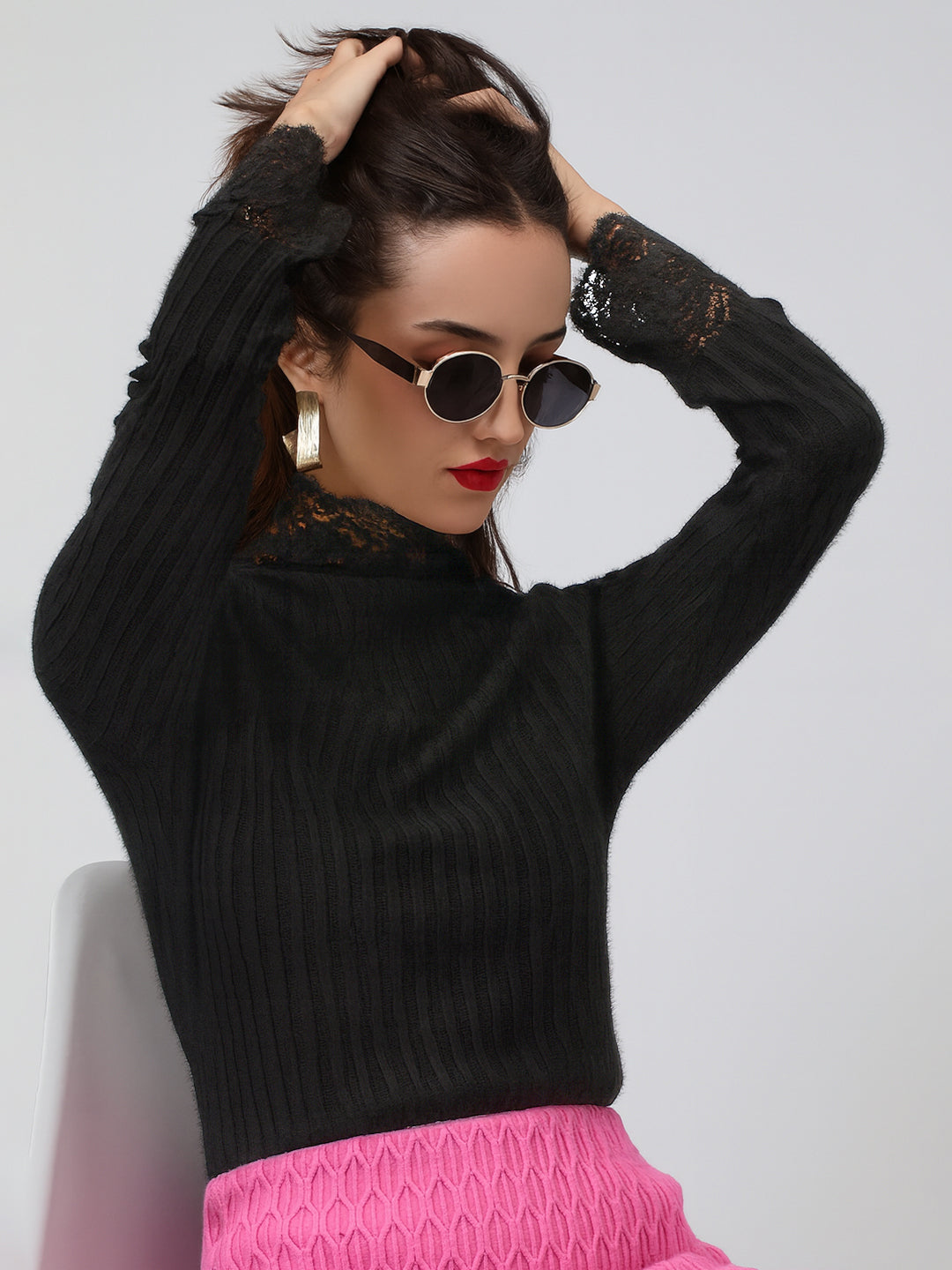 Women's Ribbed Black Long Sleeve Top with Lace Trim Details