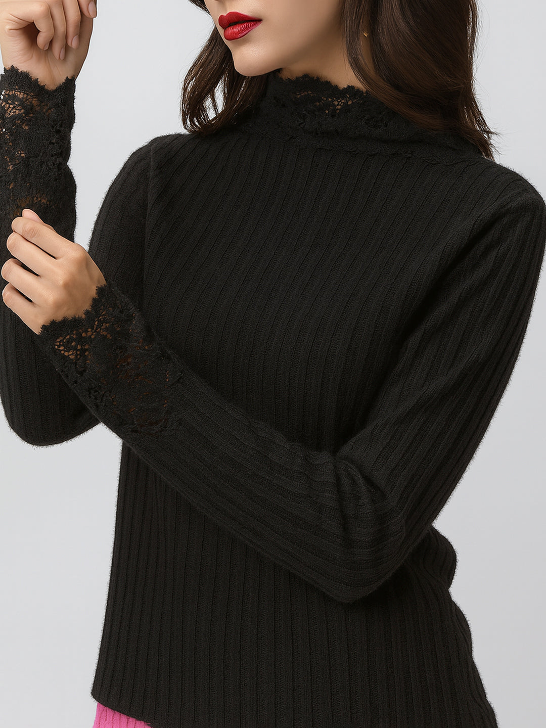 Women's Ribbed Black Long Sleeve Top with Lace Trim Details