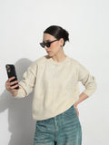 Women's Abstract Cream Round Neck Top with Metallic Speckled