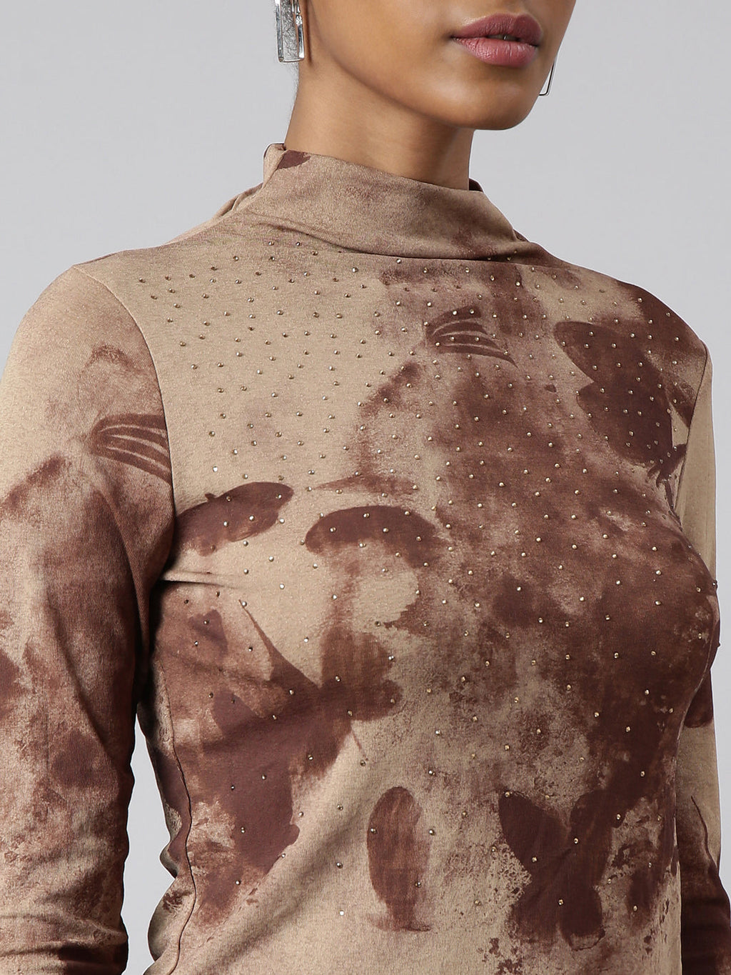 Women's Brown Abstract Printed High Neck Fitted Top