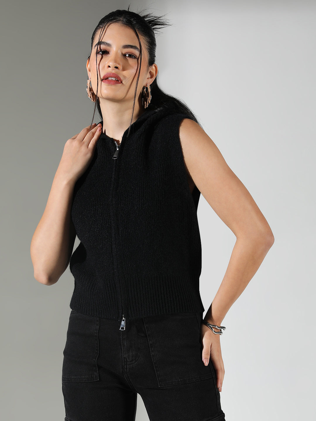 Women's Ribbed Black Hooded Sleeveless Top with Zip