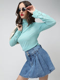 Women's Textured Blue Long Sleeve Top with Lace Trim Details