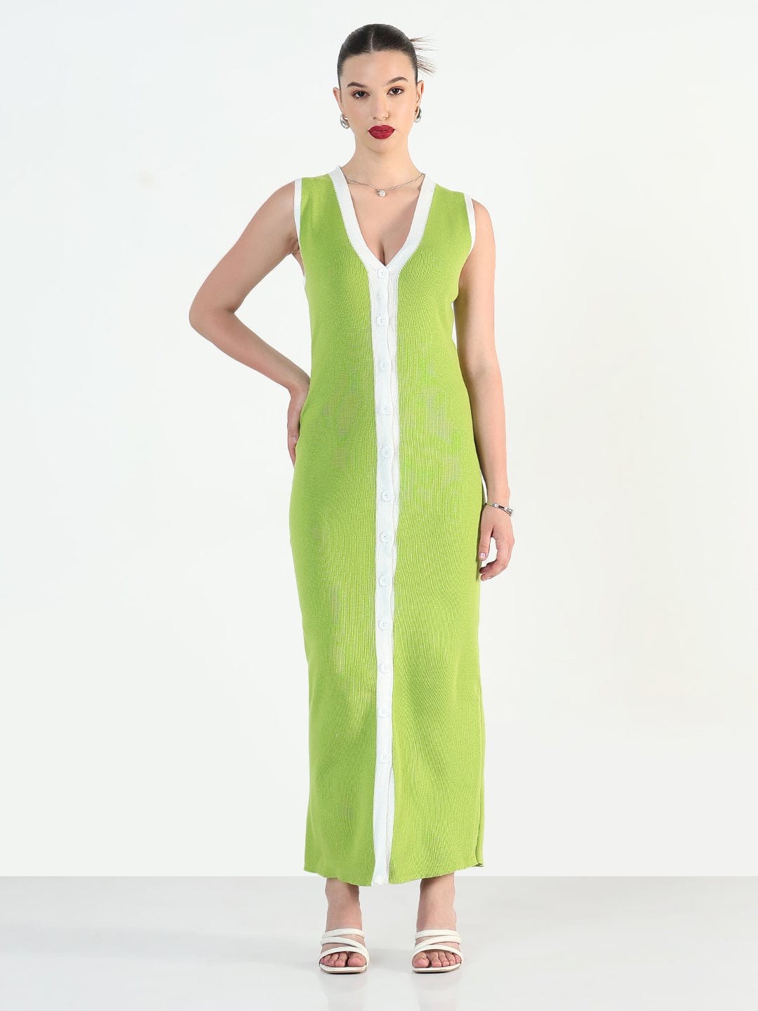 Women's Green V-Neck Sleeveless Bodycon Dresses