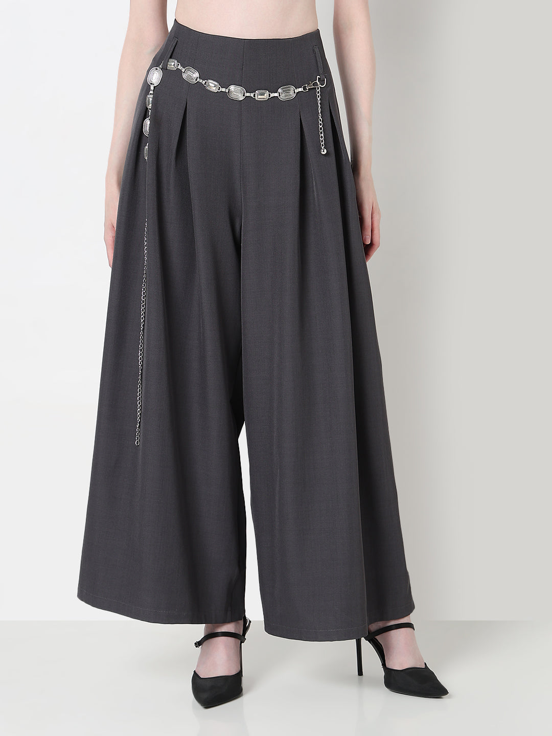 Women's Pleated Grey Wide Leg Trousers with Belt