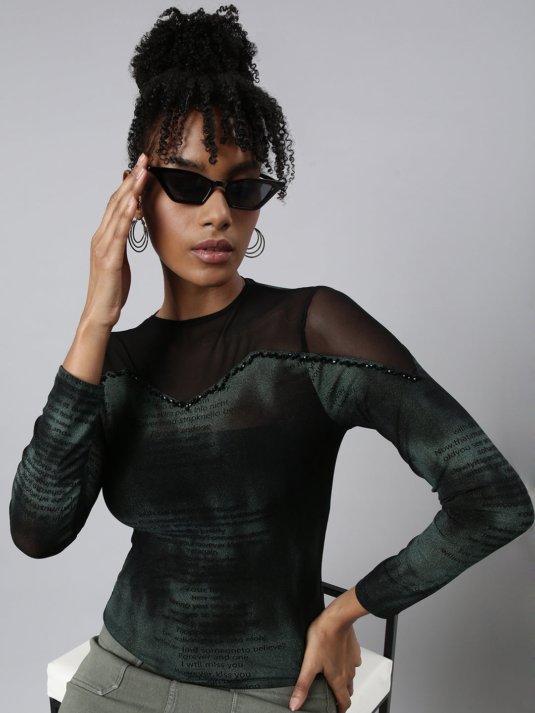 Women's Black Round Neck Shimmer Casual Fitted Top