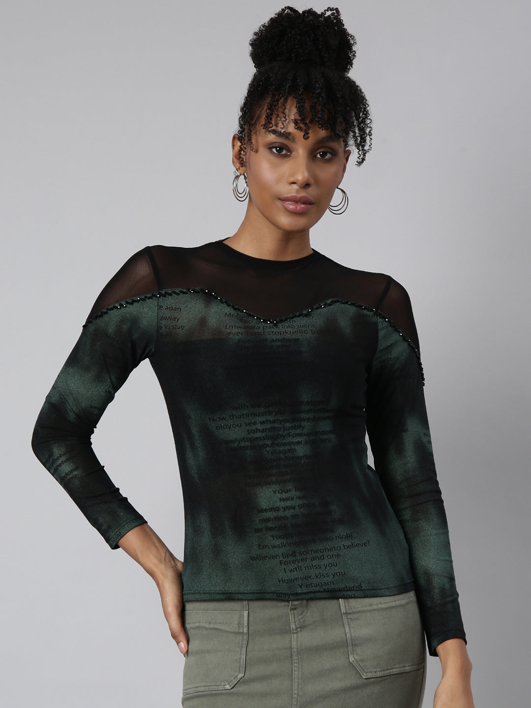 Women's Black Round Neck Shimmer Casual Fitted Top