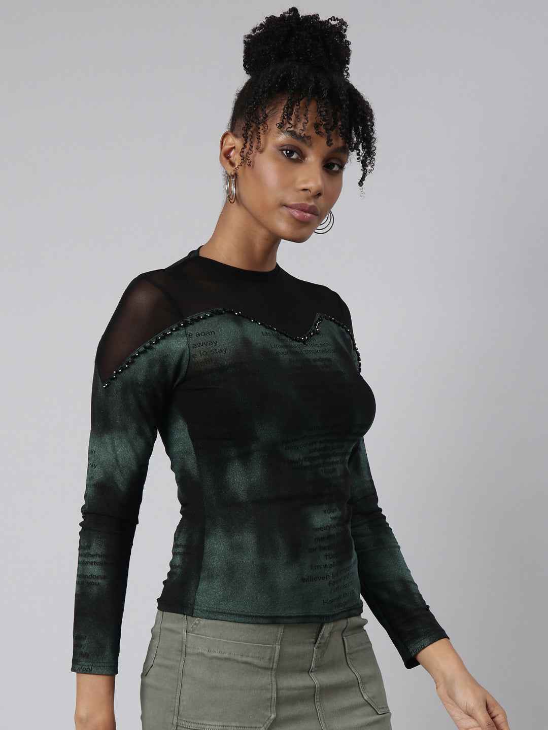 Women's Black Round Neck Shimmer Casual Fitted Top