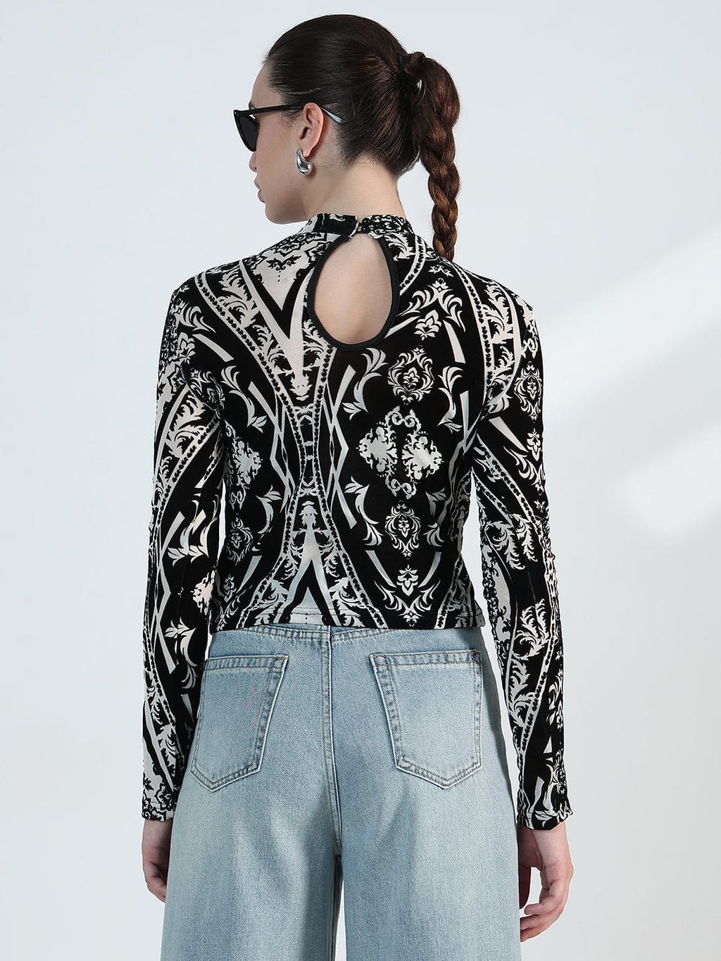 Women's Printed Black Mesh Full Sleeve Top